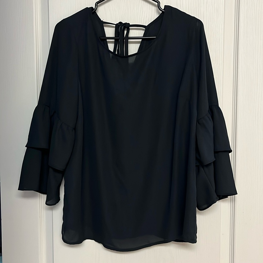 Lily Morgan black sheer top with tie closure and ruffle sleeves size Large